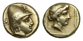 Lesbos, Mytilene. EL Hekte, 2.54 g 10.64 mm. Circa 377-326 BC.
Obv: Head of Kabeiros right, wearing conical pilos; star to left and right.
Rev: Head o...
