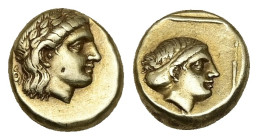 Lesbos, Mytilene. EL Hekte, 2.55 g 10.44 mm. Circa 377-326 BC. 
Obv: Laureate head of Apollo to right; behind his neck, coiled serpent. 
Rev: Female h...