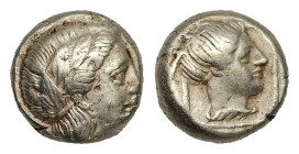 Lesbos, Mytilene. EL Hekte, 2.61 g 9.69 mm. Circa 377-326 BC. 
Obv: Laureate head of Apollo (or Dionysos?) right.
Rev: Female head (Artemis?) right wi...