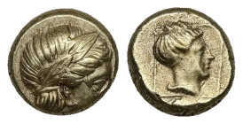 Lesbos, Mytilene. EL Hekte, 2.57 g 10.45 mm. Circa 377-326 BC. 
Obv: Laureate head of Apollo (or Dionysos?) right.
Rev: Female head (Artemis?) right w...