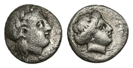 Lesbos, Mytilene. AR Diobol, 1.18 g 10.20 mm. Circa 400-350 BC.
Obv: Laureate head of Apollo right.
Rev: Female head (Aphrodite?) right.
Ref: HGC 6, 1...