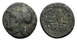Aeolis, Elaia. Ae, 1.07 g 10.64 mm. Circa Mid 4th-3rd century BC. 
Obv: Helmeted head of Athena left.
Rev: Ε - Λ. Grain ear within olive wreath.
Ref: ...