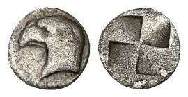 Aeolis, Kyme. AR Hemiobol. 0.34 g 8.23 mm. Circa 480-450 BC. 
Obv: [K Y]. Head of eagle left.
Rev: Quadripartite incuse square.
Ref: SNG Copenhagen 31...