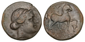 Aeolis. Kyme. Ae, 7.10 g 20.81 mm. Circa 350-250 BC.
Obv.: Head of Amazon Kyme right.
Rev.: KY; Horse standing right, foreleg raised above one handled...