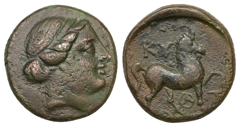 Aeolis. Kyme. Ae, 8.71 g 19.94 mm. Circa 350-250 BC.
Obv.: Head of Amazon Kyme r...