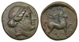 Aeolis. Kyme. Ae, 8.71 g 19.94 mm. Circa 350-250 BC.
Obv.: Head of Amazon Kyme right.
Rev.: KY; Horse standing right, foreleg raised;below belly, mono...