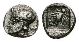 Ionia, Uncertain. AR Obol ?, 0.59 g 8.01 mm. Circa 5th century BC.
Obv: Helmeted head left
Rev: Scorpion within incuse square.
Ref: Unpublished!
F...