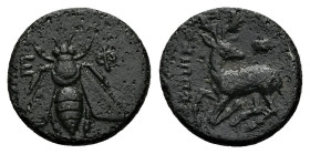 Ionia, Ephesos. Ae, 2.14 g 14.11 mm. Circa 390-300 BC. Arxippos, magistrate.
Obv: E-Φ, bee with straight wings
Rev: Stag kneeling to left, head reve...
