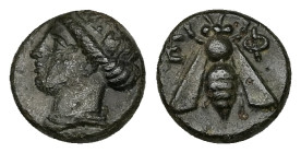 Ionia, Ephesos. Ae, 1.41 g 10.25 mm. Circa 375-325 BC.
Obv: Female head left, wearing mural-crown.
Rev: E – Φ, Bee.
Ref: SNG von Aulock 1839; SNG Cope...