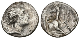 Ionia, Ephesos. AR Octobol, 4.61 g 19.08 mm. Circa 340-330 BC. Uncertain magistrate
Obv: Bust of Artemis right, wearing earring and stephane, with qui...