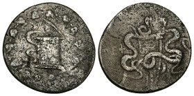 Ionia, Ephesos. AR Cistophoric Tetradrachm, 11.93 g 28.10 mm. Circa 180-67 BC.
Obv: Cista mystica with serpent; all within ivy wreath.
Rev: Bowcase be...