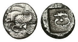 Ionia. Klazomenai. AR Obol, 0.87 g 9.43 mm. Circa 480-400 BC. 
Obv: Forepart of winged boar left 
Rev: Facing gorgoneion within incuse square.
Ref: SN...