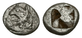 Ionia, Phokaia. AR Diobol, 1.56 g 10.44 mm. Circa 521-478 BC. 
Head of a griffin to left; below, small seal upward. 
Rev: Quadripartite incuse square....