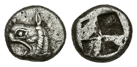 Ionia, Phokaia. AR Diobol, 1.54 g 10.06 mm. Circa 525-500 BC.
Obv: Head of griffin left; behind, seal.
Rev: Quadripartite incuse square.
Ref: SNG von ...