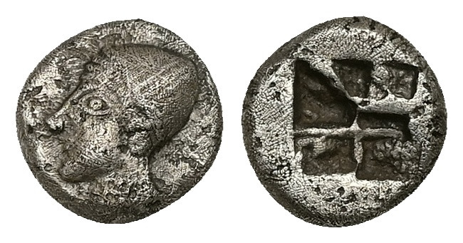 Ionia, Phokaia. AR Diobol, 1.29 g 4.23 mm. Circa 521-478 BC.
Obv: Archaic female...