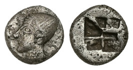Ionia, Phokaia. AR Diobol, 1.29 g 4.23 mm. Circa 521-478 BC.
Obv: Archaic female head left, wearing earring and helmet or close fitting cap.
Rev: Incu...