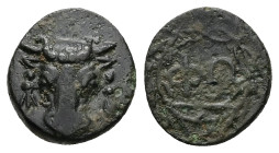 Phokaia, Phokian League. Ae, 2.21 g 13.96 mm. Circa 347-346 BC. 
Obv: Filleted head of bull facing 
Rev: ΦΩ within laurel wreath with ties below. 
Ref...