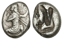 Persia, Achaemenid Empire. Artaxerxes I - Artaxerxes II (c. 450-375 BC). AR Siglos. 5.40 g 16.49 mm.
Type IIIb. 
Obv: Persian King/hero kneeling-runni...