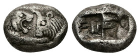 Kings of Lydia, Sardes. Kroisos. AR 1/3 Stater, 3.14 g 13.90 mm. Circa 564/53-550/39 BC. 
Obv: Confronted foreparts of lion and bull.
Rev: Two incuse ...