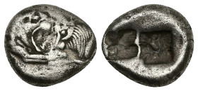 Kings of Lydia, Sardes. Kroisos. AR Half Stater, 5.26 g 16.34 mm. Circa 564/53-550/39 BC.
Obv: Confronted foreparts of lion and bull.
Rev: Two incuse ...