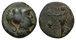Pamphylia, Side. Ae, 4.28 g 15.71 mm. Circa 200-36 BC. 
Obv: Helmeted head of Athena right. 
Rev: ΣΙΔΗΤΩΝ. Nike advancing left, holding wreath; in lef...