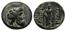 Phrygia, Akmoneia. Ae, 4.00 g 18.67 mm. 1st century BC. Timotheos Menela, magistrate.
Obv: Head of Zeus right, wearing oak wreath.
Rev: AKMONE TIMOΘEO...