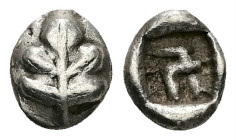 Caria, Rhodos. Kamiros. AR Hemiobol, 0.67 g 8.76 mm. Circa 550-500 BC.
Obv: Fig leaf
Rev: Square incuse with raised geometric pattern.
Ref: HN Onli...