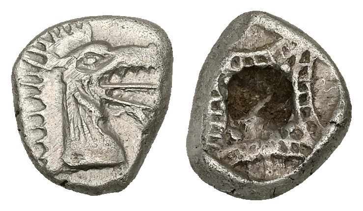 Caria, Kindya. AR Tetrobol, 1.74 g 12.58 mm. Circa 510-480 BC.
Obv: Head of keto...