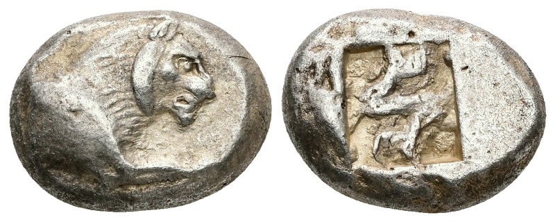 Caria, Mylasa. AR Stater, 11.04 g 20.91 mm. Circa 520-490 BC. 
Obv: Forepart of ...