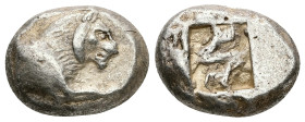 Caria, Mylasa. AR Stater, 11.04 g 20.91 mm. Circa 520-490 BC. 
Obv: Forepart of lion right 
Rev: Incuse square divided by band. 
Ref: SNG Ashmolean 32...