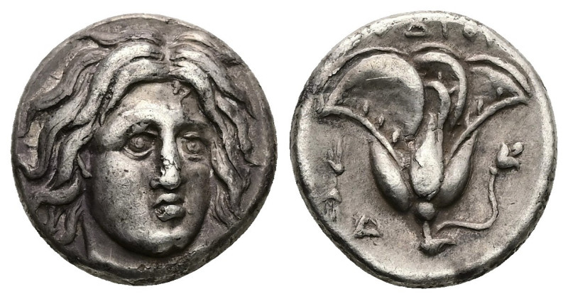 Caria, Rhodos. AR Didrachm, 6.72 g 18.49 mm. Circa 305-275 BC.
Obv: Head of Hel...