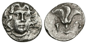 Caria, Rhodos. AR Drachm, 2.18 g 15.57 mm. Circa 205-190 BC. Gorgos ?, magistrate.
Obv: Head of Helios facing slightly right.
Rev: [ΓΟΡΓΟΣ] / P - O. R...