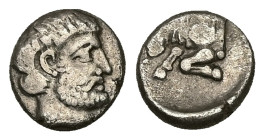 Caria, Uncertain ('Mint E'). AR Diobol, 0.96 g 9.93 mm. Circa 380-340 BC. 
Obv: Head of male right, wearing beard 
Rev: Forepart of bull left; Carian ...