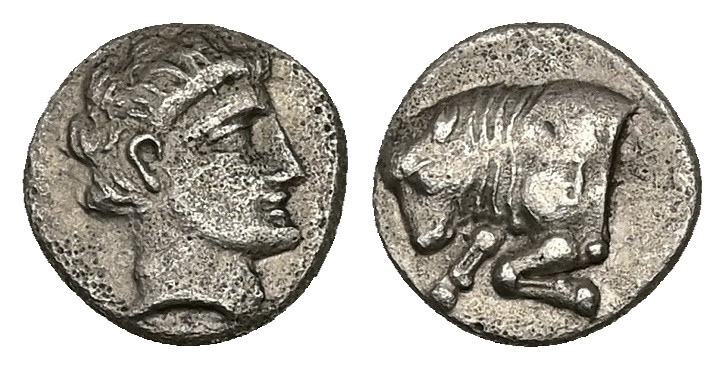 Caria, Uncertain ('Mint E'). AR Diobol, 1.23 g 10.18 mm. Circa 380-340 BC. 
Obv:...