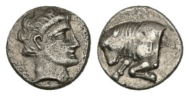 Caria, Uncertain ('Mint E'). AR Diobol, 1.23 g 10.18 mm. Circa 380-340 BC. 
Obv: Head of young male right 
Rev: Forepart of bull left, Carian letter y...