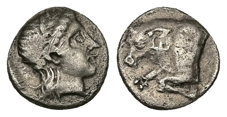 Caria, Uncertain ('Mint E'). AR Diobol, 1.23 g 10.74 mm. Circa 380-340 BC. 
Obv:...