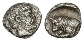 Caria, Uncertain ('Mint E'). AR Diobol, 1.27 g 10.57 mm. Circa 380-340 BC. 
Obv: Head of male right, wearing beard 
Rev: Forepart of bull left; Carian...