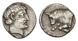 Caria, Uncertain ('Mint E'). AR Diobol, 1.35 g 11.44 mm. Circa 380-340 BC. 
Obv: Head of young male right 
Rev: Forepart of bull left, Carian letter y...