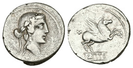 Q. Titus, 90 BC. AR, Denarius. 4.00 g. 18.94 mm. Rome.
Obv: Head of Liber, right, wearing ivy-wreath.
Rev: Q·TITI. Pegasus, right; below, in linear fr...