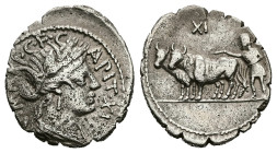 C. Marius C.f. Capito. 81 BC. AR, Denarius. 3.72 g. 19.90 mm. Rome.
Obv: C·MARI·C·F·CAPIT. Bust of Ceres, right, draped.
Rev: XI. Ploughman with yoke ...