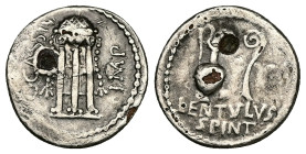 C. Cassius Longinus. Spring 42 BC. AR, Fourrèe Denarius. 3.00 g. 18.59 mm. Military mint, Smyrna?
Obv: C·CASSI IMP. Tripod with cauldron, decorated w...