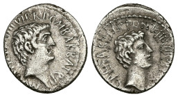 Marc Antony and Octavian, as Imperators and Triumvirs, 43-33 BC. 3.55 g. 19.45 mm. With Marcus Barbatius Pollio, as Quaestor Pro Praetore.
Obv: M·ANT...
