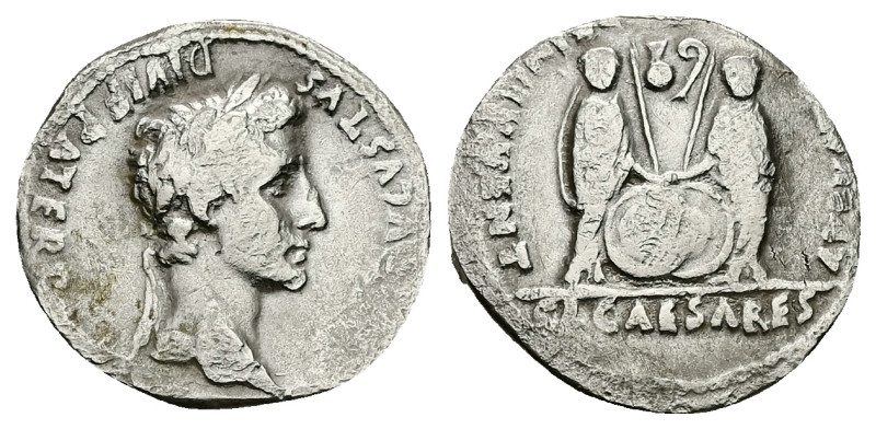 Augustus, 27 BC-AD 14. AR, Denarius. 3.13 g. 19.24 mm. Lungdunum.
Obv: CAESAR AV...