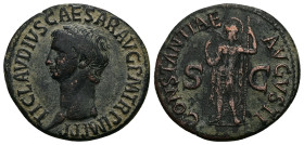 Claudius, AD 41-54. AE, As. 10.39 g. 28.46 mm. Rome.
Obv: TI CLAVDIVS CAESAR AVG P M TR P IMP PP. Head of Claudius, bare, left.
Rev: CONSTANTIAE AVG...