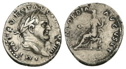 Vespasian, AD 69-79. AR, Denarius. 3.00 g. 19.59 mm. Rome.
Obv: IMP CAES VESP AVG P M COS IIII. Head of Vespasian, laureate, right.
Rev: CONCORDIA AVG...