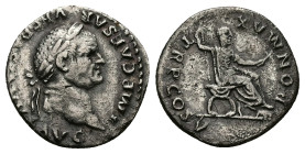 Vespasian, AD 69-79. AR, Denarius. 3.10 g. 18.43 mm. Rome.
Obv: IMP CAESAR VESPASIANVS AVG. Head of Vespasian, laureate, right.
Rev: PON MAX TR P COS ...