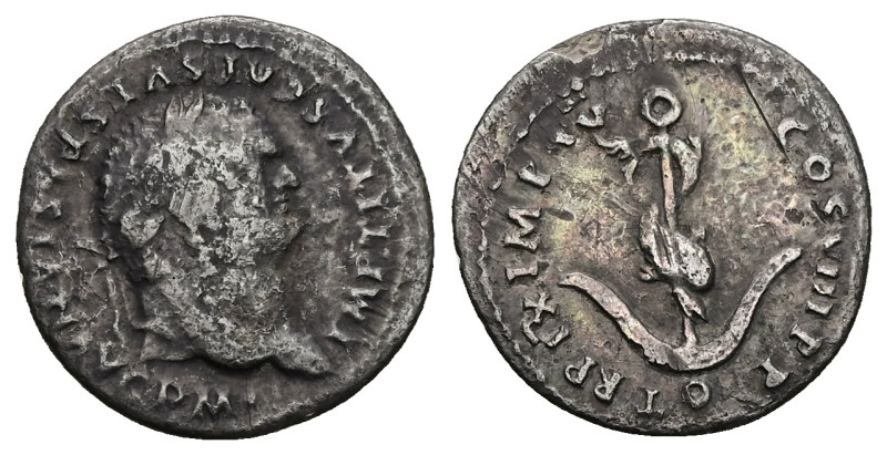 Titus, AD 79-81. AR, Denarius. 2.51 g. 19.25 mm. Rome.
Obv: IMP TITVS CAES VESP...