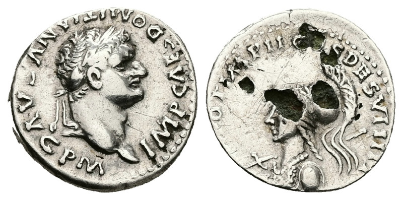 Domitian, AD 81-96. AR. 2.40 g. 18.16 mm. Roma.
Obv: MP CAES DOMITINIANVS AVG P...