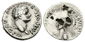 Domitian, AD 81-96. AR. 2.40 g. 18.16 mm. Roma.
Obv: MP CAES DOMITINIANVS AVG P M. Laureate head right.
Rev. TR POT IMP II COS VIII DES IX P P. Helm...
