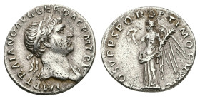 Trajan, AD 98-117. AR, Denarius. 3.03 g. 18.60 mm. Rome.
Obv: IMP TRAIANO AVG GER DAC P M TR P. Bust of Trajan, laureate, right, draped on left should...